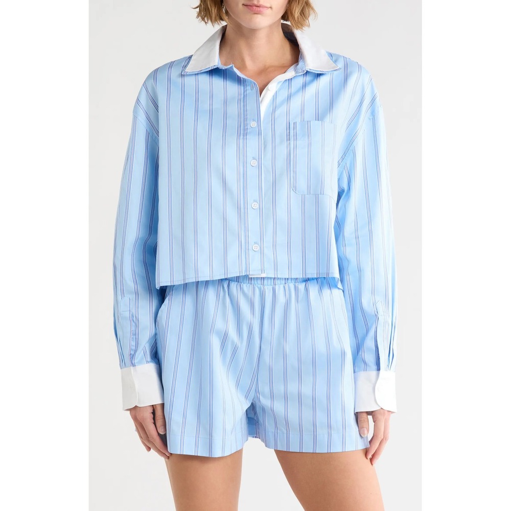 French Connection Women Blue Stripe Crop Shirt and Shorts Set NWT size S